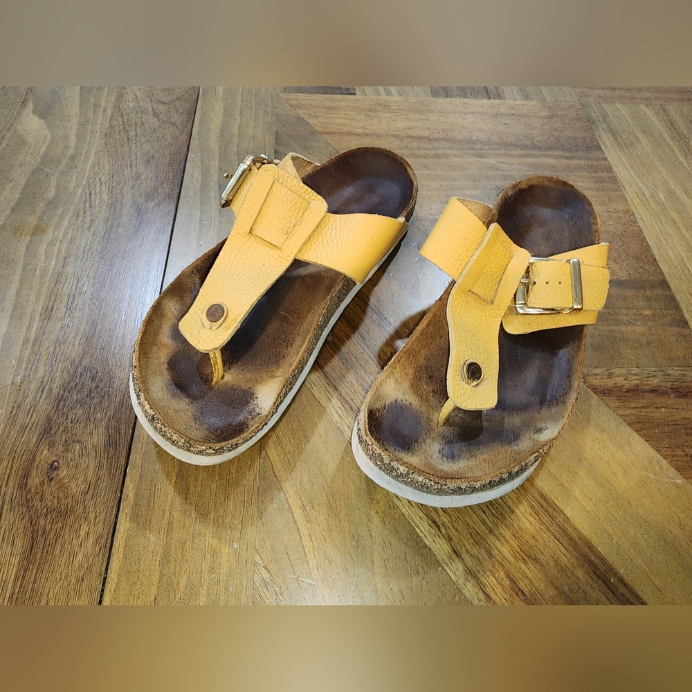 Haflinger Sandals US 10 /EU 41 Mustard Yellow Flats Comfort Black Slip On / Wear